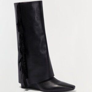 SIMKHAI Quinn Fringe Boot in Black leather knee high wedge heeled fold over